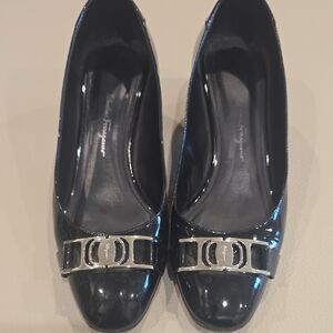 Salvatore Ferragamo Black Patent Vara Bow Flats with Silver Hardware